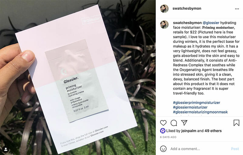 glossier sample pack promoted on instagram by influencer