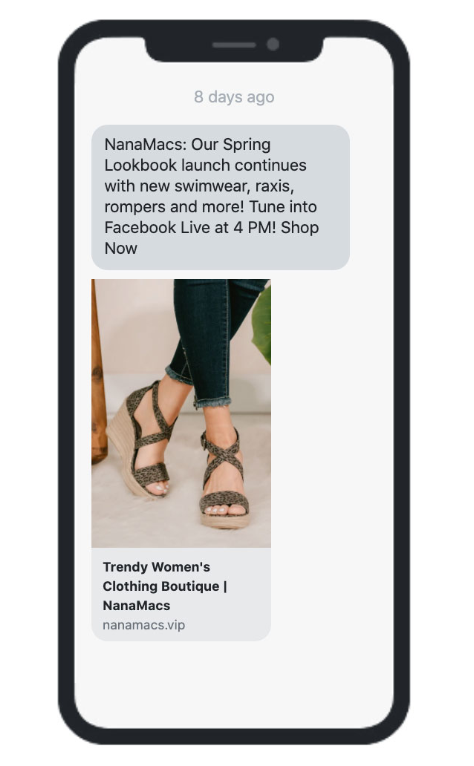 SMS message from nanamacs alerting customer that there is a new lookbook launch