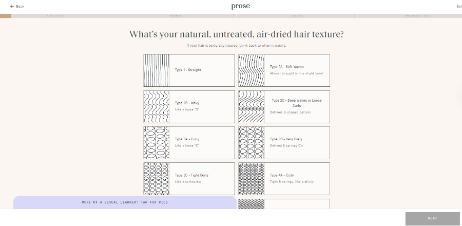 Prose quiz to determine the right hair care product.