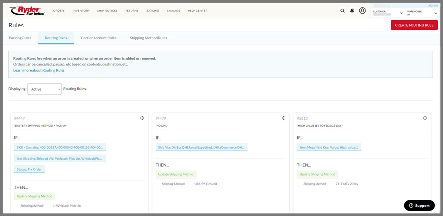 Screenshot of the Ryder app showing routing rules.