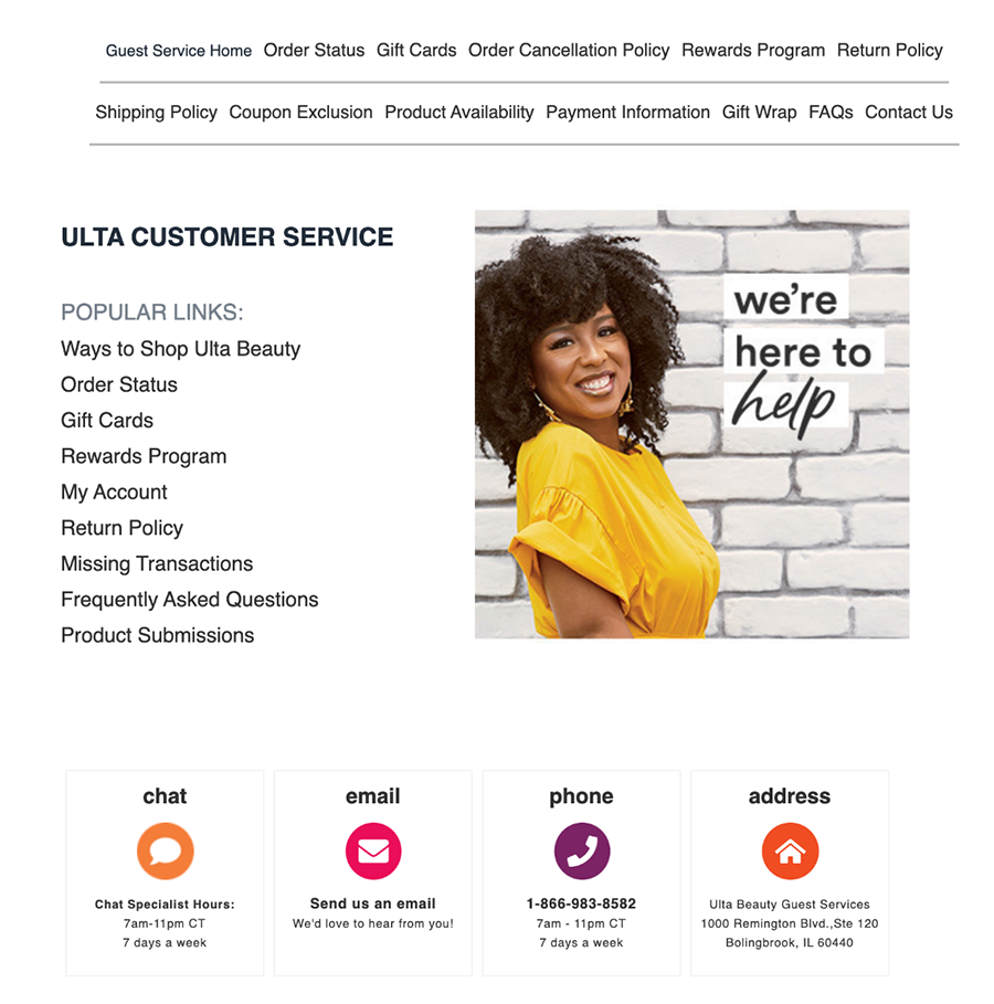 Ulta F.A.Q. page